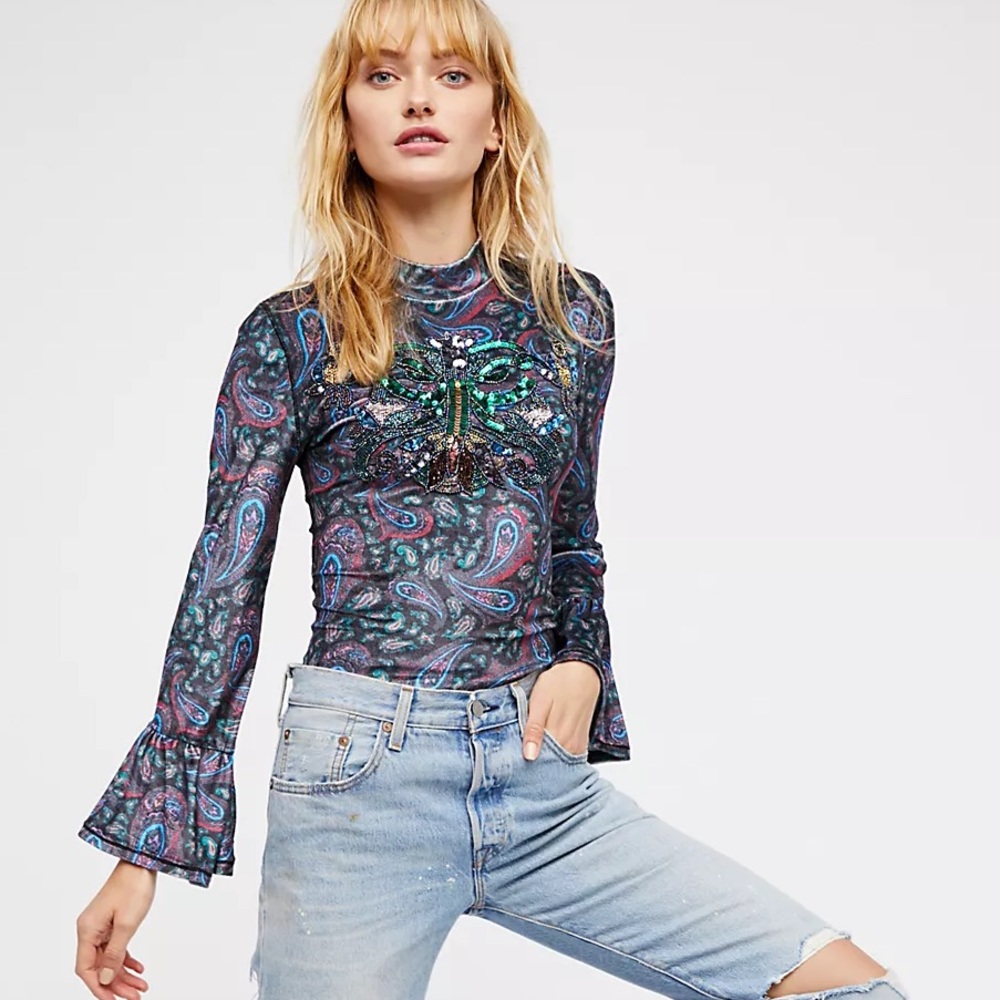 Free People Velvet Sequin L'Amour Paisley Bell Sleeve Top